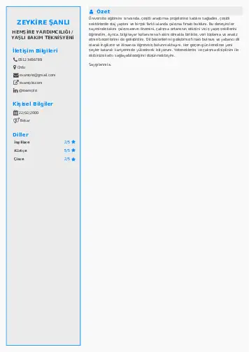 Hasta ve Yaşlı Bakım Elemanı Cv Örnekleri cv indir